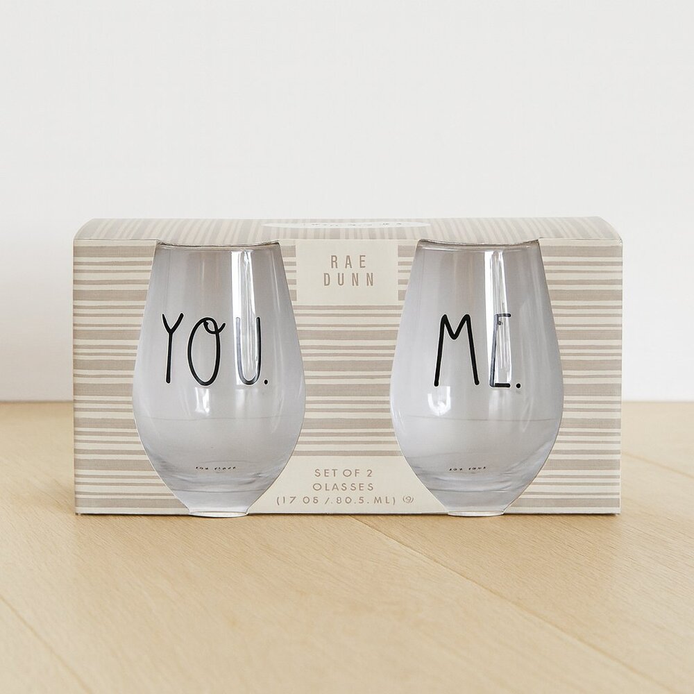 RAE DUNN | You & Me Clear Glass & Silver Stemless Wine Glasses Set of 2